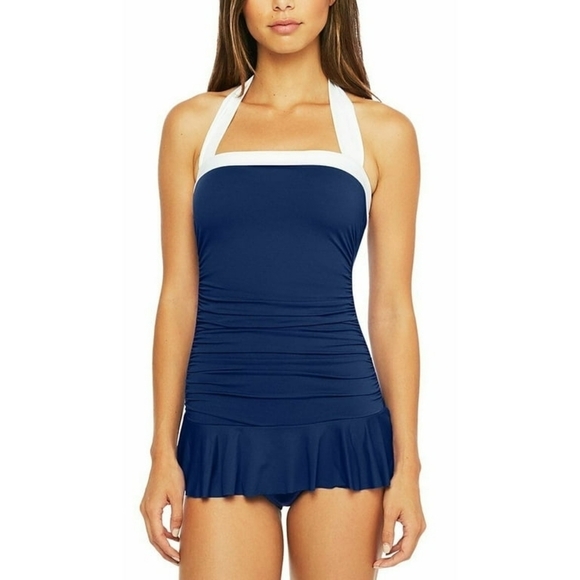 Ralph Lauren Indigo Bel-Air Halter Ruched Tummy-Control Swimdress Sz 6 - Picture 1 of 12